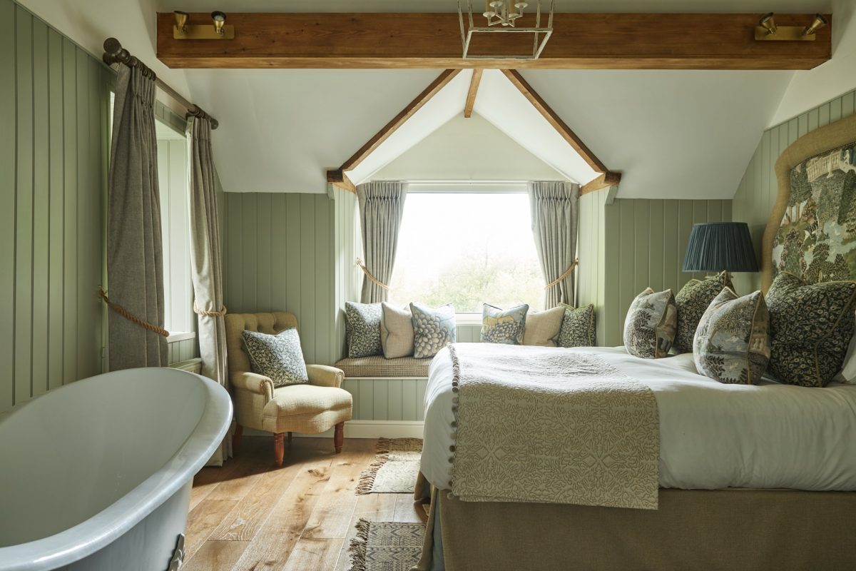 Luxury bedroom with window views.