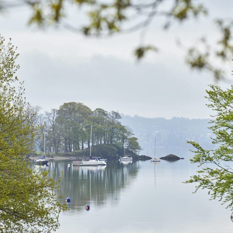 A peaceful lake framed by green trees, with sailboats calmly floating on the still water in the Lake District.